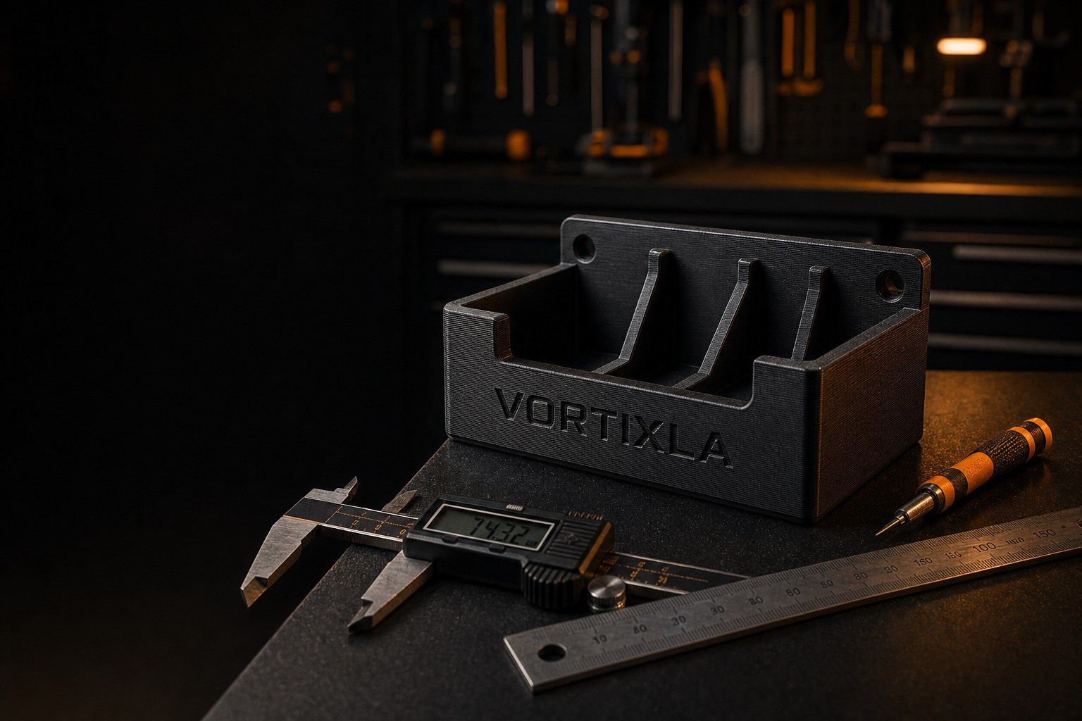 A VORTIXLA organizer prototype being measured with digital calipers