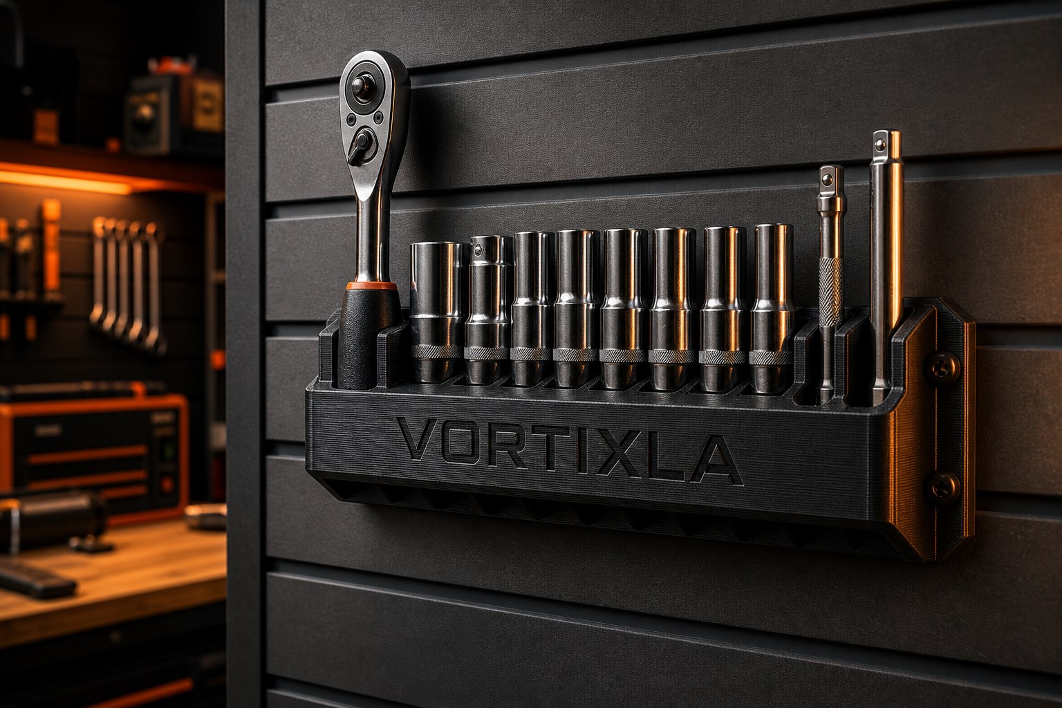 A VORTIXLA socket and ratchet organizer in a working shop
