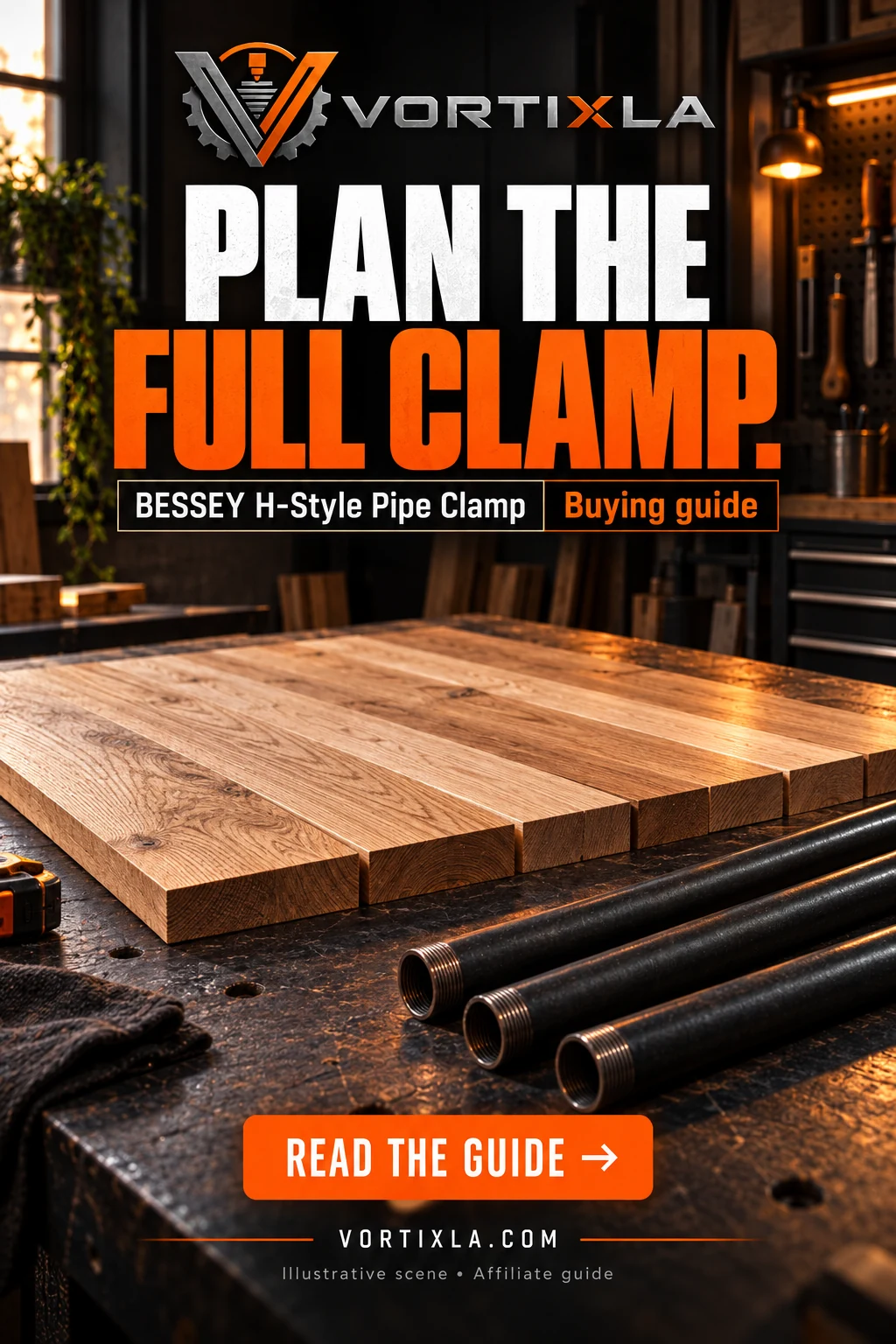PLAN THE FULL CLAMP. Original illustrative scene for the BESSEY H-Style Pipe Clamp buying guide