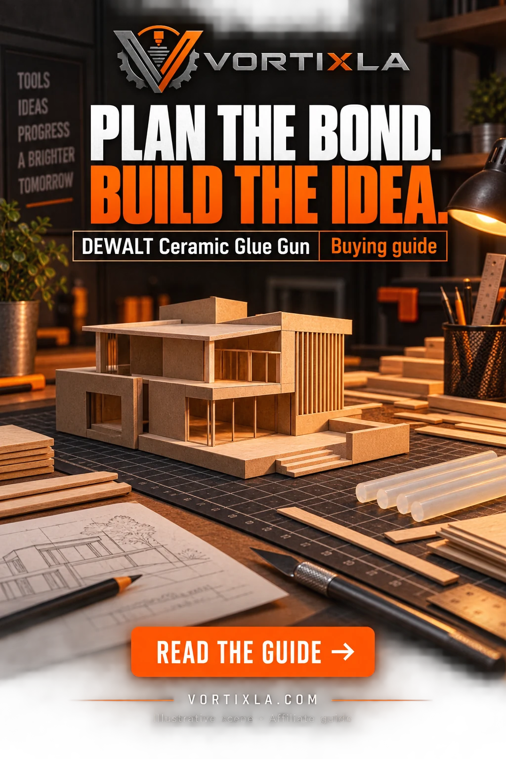 PLAN THE BOND. BUILD THE IDEA. Original illustrative scene for the DEWALT Ceramic Glue Gun buying guide