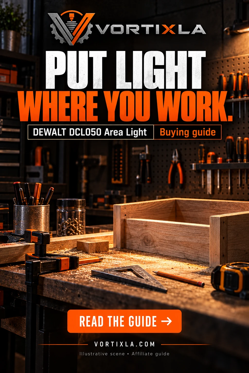 PUT LIGHT WHERE YOU WORK. Original illustrative scene for the DEWALT DCL050 Area Light buying guide