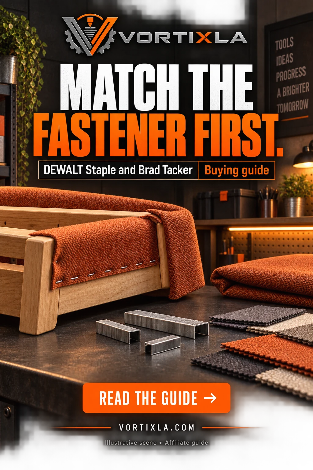 MATCH THE FASTENER FIRST. Original illustrative scene for the DEWALT Staple and Brad Tacker buying guide
