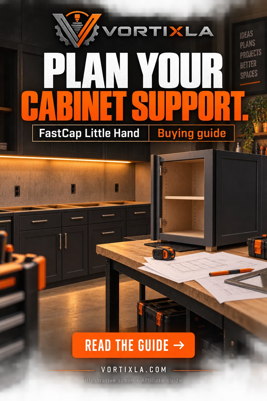PLAN YOUR CABINET SUPPORT. Original illustrative scene for the FastCap Little Hand buying guide