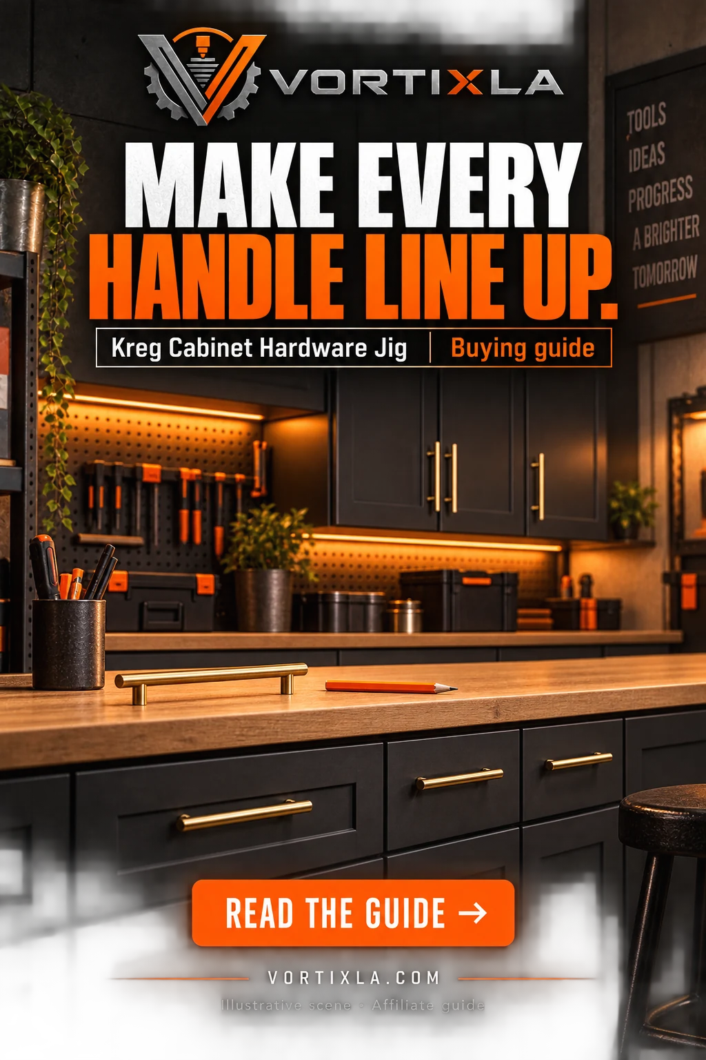 MAKE EVERY HANDLE LINE UP. Original illustrative scene for the Kreg Cabinet Hardware Jig buying guide