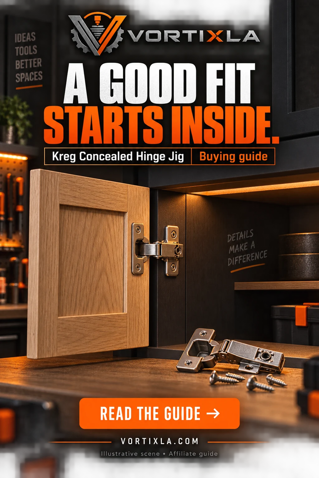 A GOOD FIT STARTS INSIDE. Original illustrative scene for the Kreg Concealed Hinge Jig buying guide