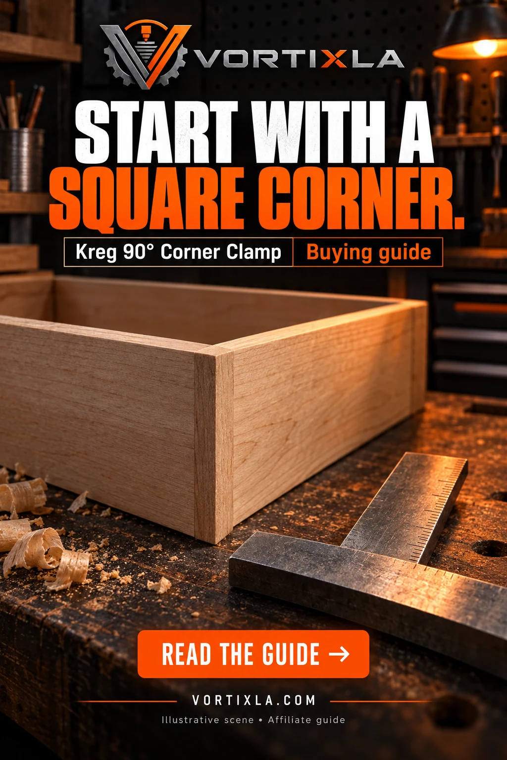 Illustrative wooden drawer corner on a workbench, with the VORTIXLA headline Start with a square corner