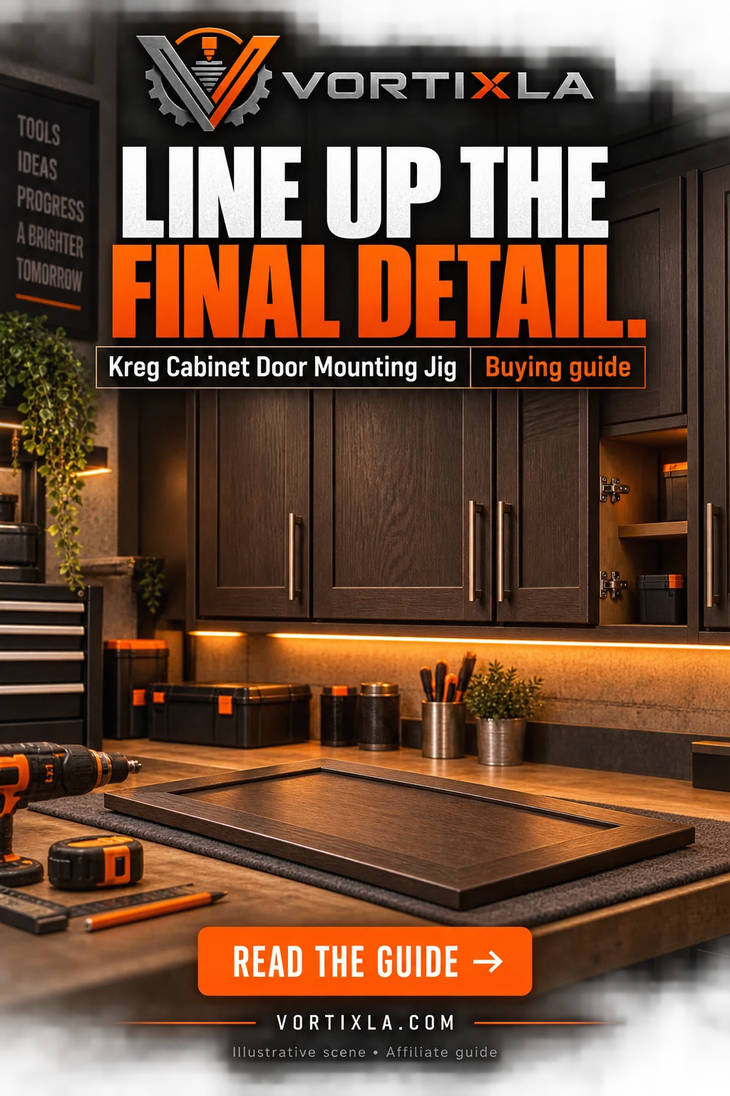 LINE UP THE FINAL DETAIL. Original illustrative scene for the Kreg Cabinet Door Mounting Jig buying guide