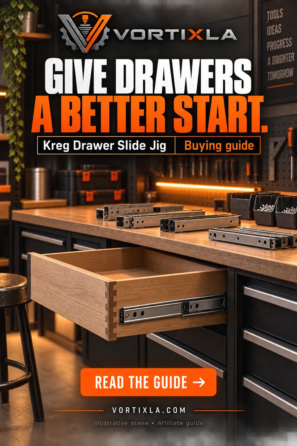 GIVE DRAWERS A BETTER START. Original illustrative scene for the Kreg Drawer Slide Jig buying guide
