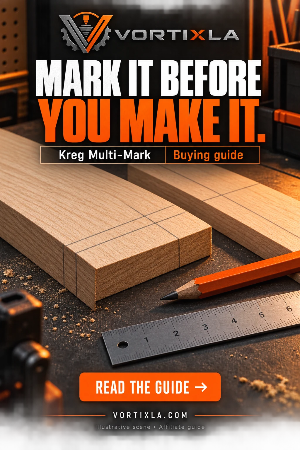 MARK IT BEFORE YOU MAKE IT. Original illustrative scene for the Kreg Multi-Mark buying guide