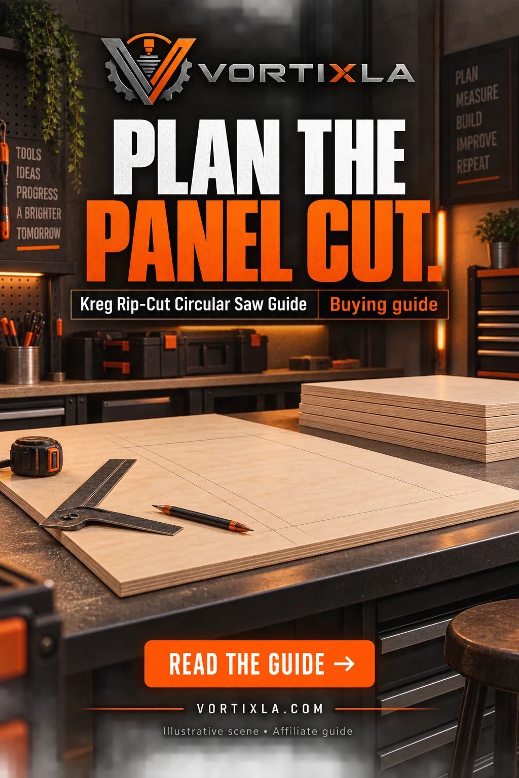 PLAN THE PANEL CUT. Original illustrative scene for the Kreg Rip-Cut Circular Saw Guide buying guide
