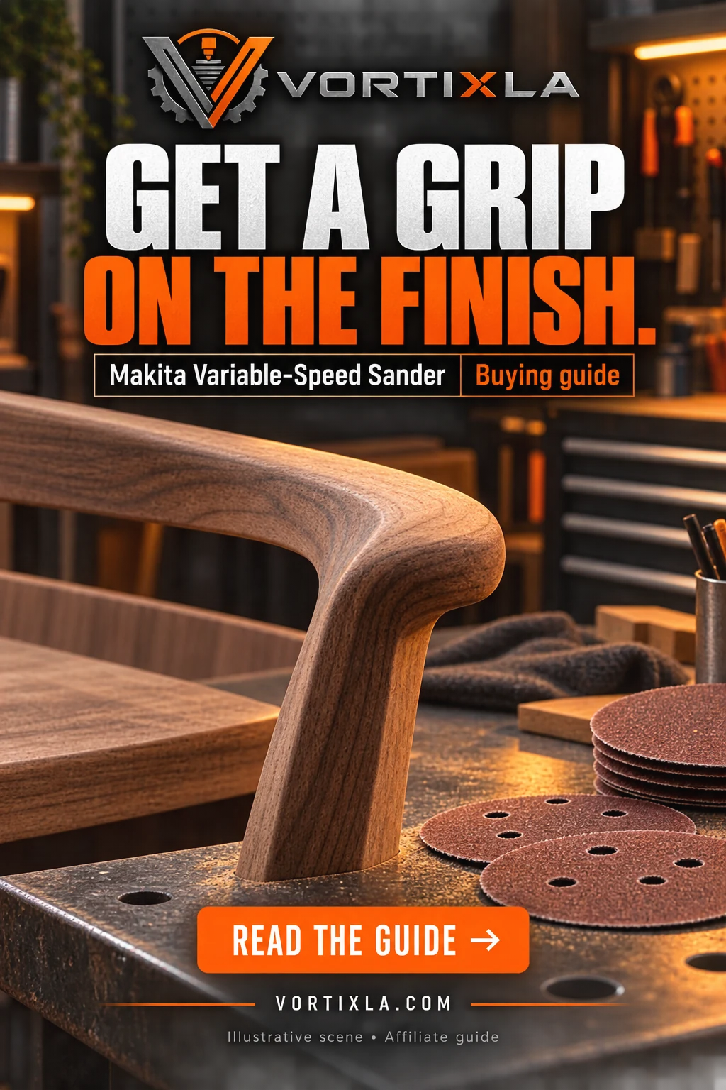 GET A GRIP ON THE FINISH. Original illustrative scene for the Makita Variable-Speed Sander buying guide