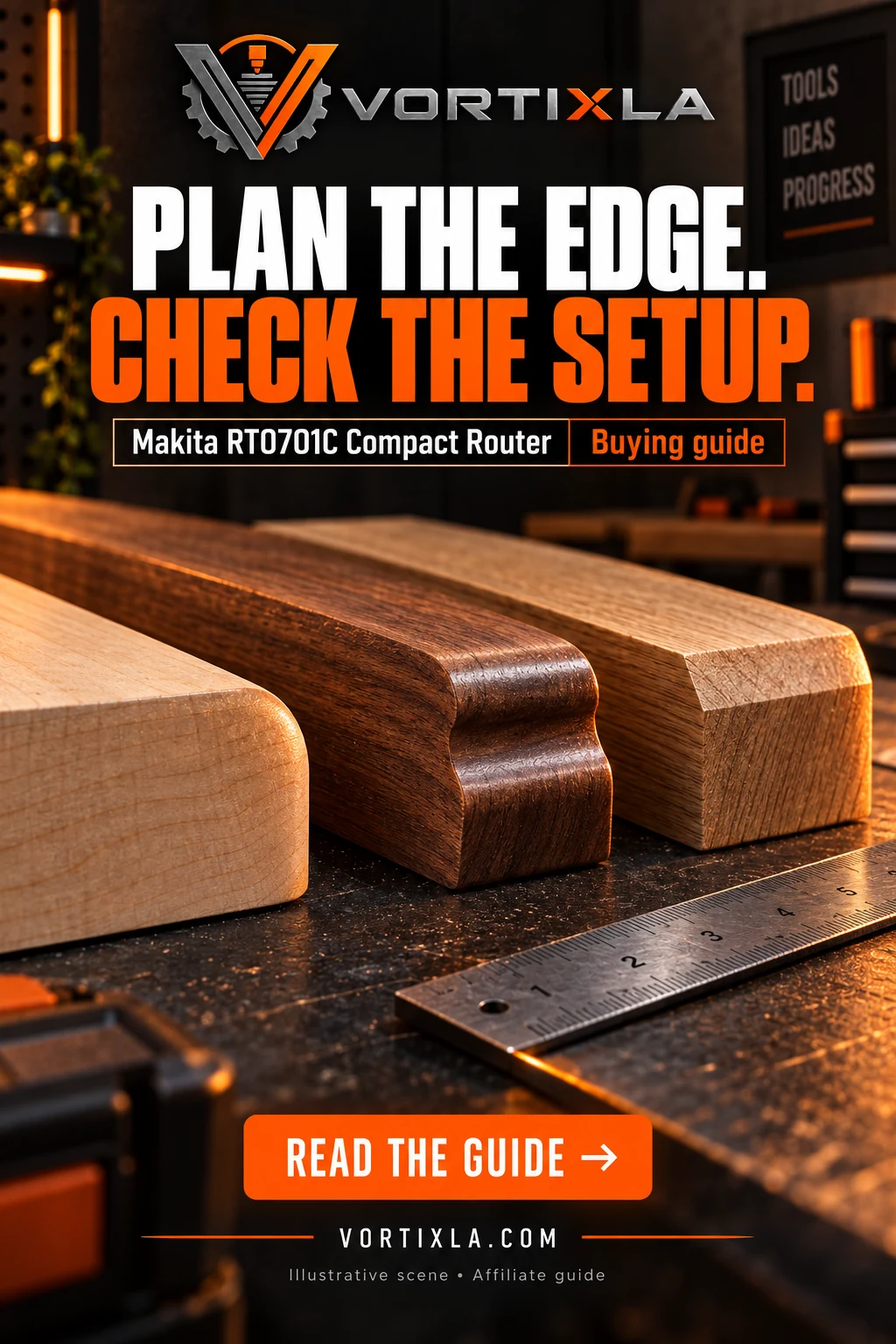 PLAN THE EDGE. CHECK THE SETUP. Original illustrative scene for the Makita RT0701C Compact Router buying guide