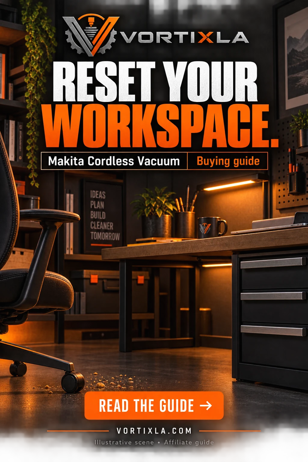 RESET YOUR WORKSPACE. Original illustrative scene for the Makita Cordless Vacuum buying guide