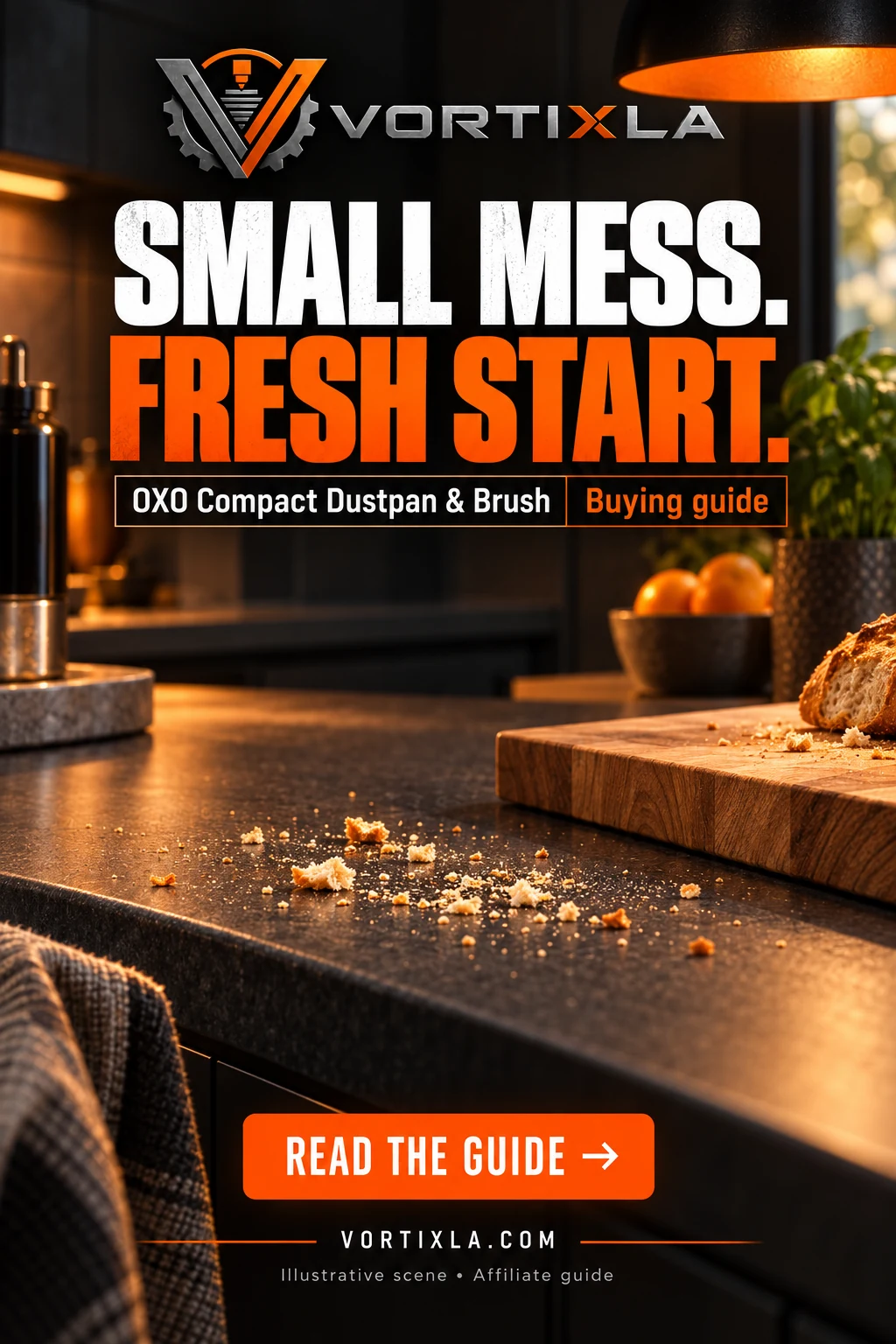 SMALL MESS. FRESH START. Original illustrative scene for the OXO Compact Dustpan & Brush buying guide