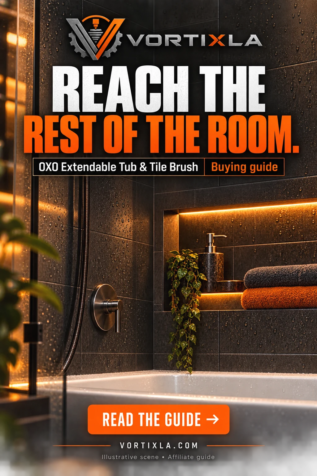 REACH THE REST OF THE ROOM. Original illustrative scene for the OXO Extendable Tub & Tile Brush buying guide
