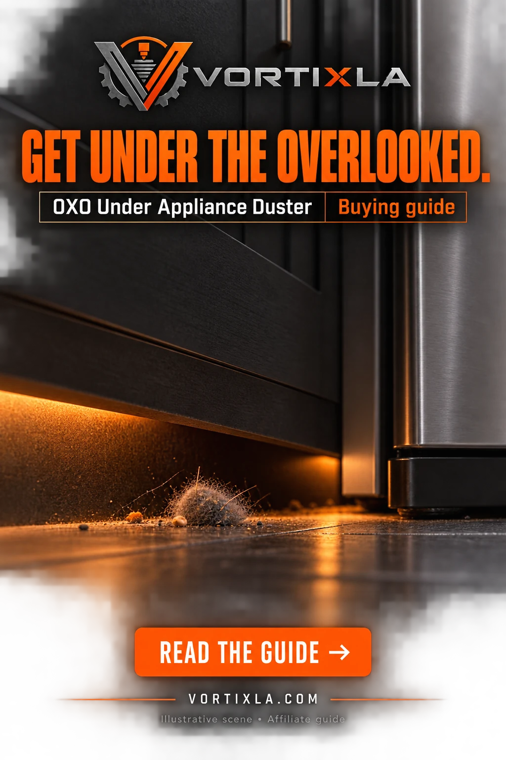 GET UNDER THE OVERLOOKED. Original illustrative scene for the OXO Under Appliance Duster buying guide