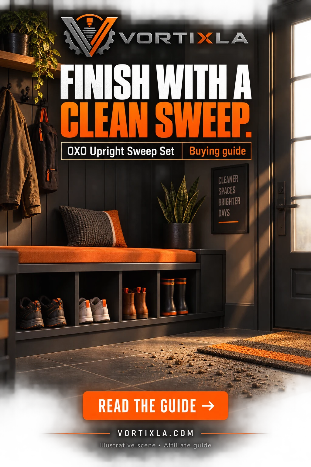 FINISH WITH A CLEAN SWEEP. Original illustrative scene for the OXO Upright Sweep Set buying guide