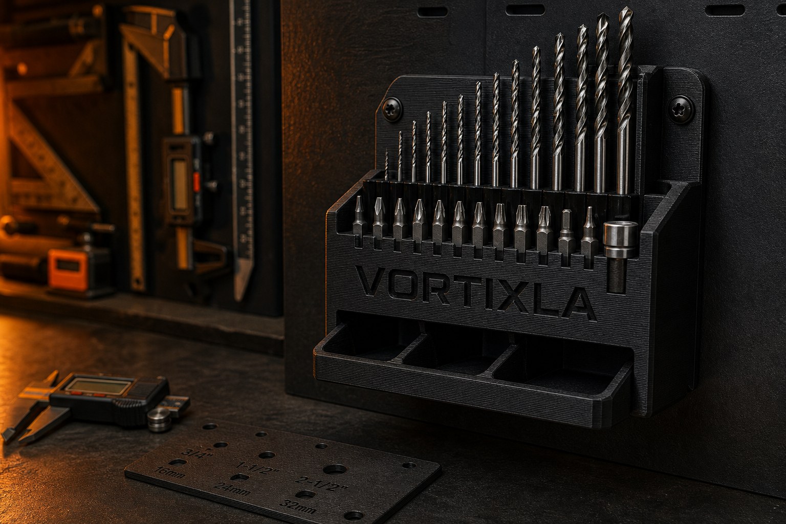 A VORTIXLA drill-bit organizer with fitment and measuring tools
