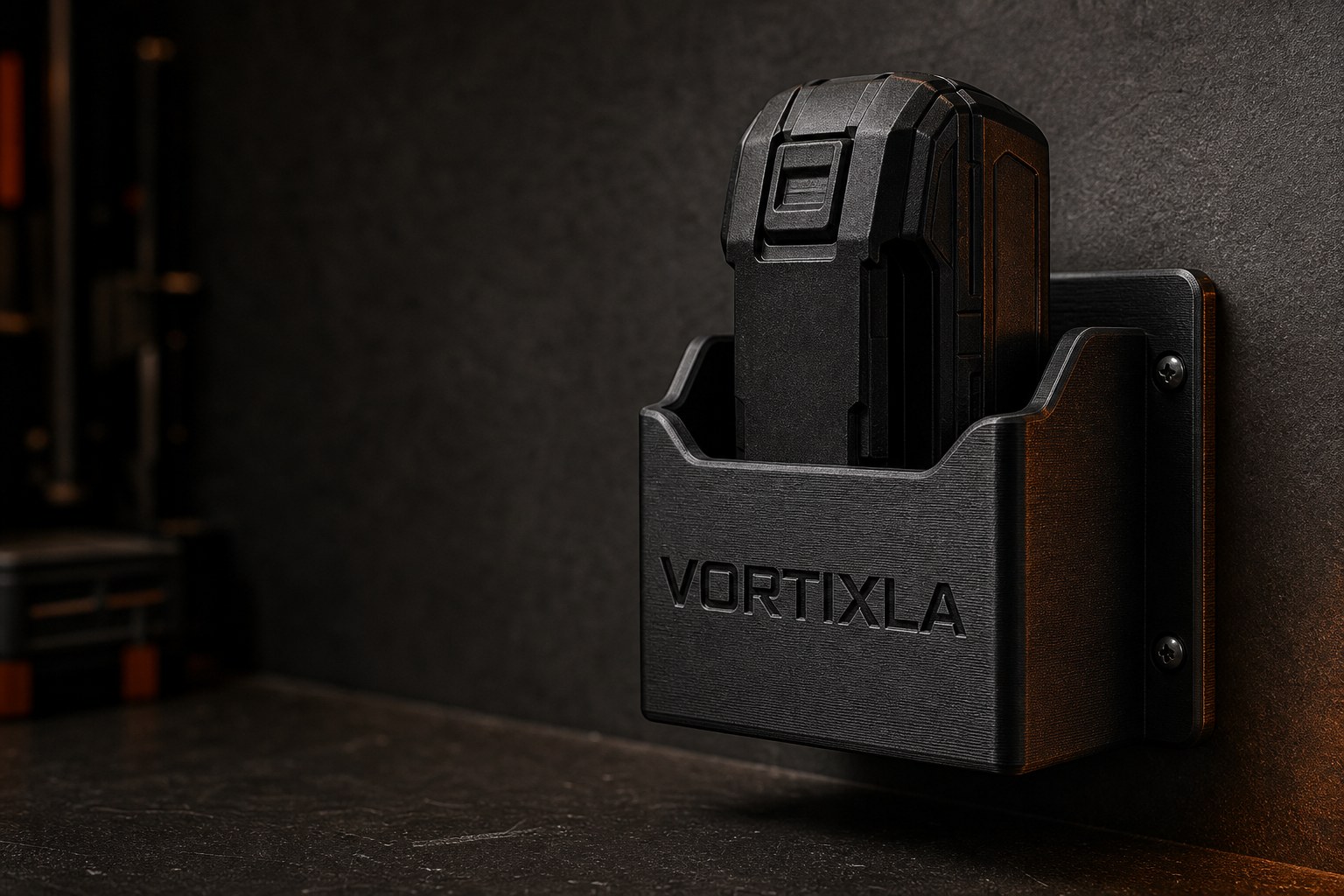 VORTIXLA Battery Wall Holder in a dark workshop setting
