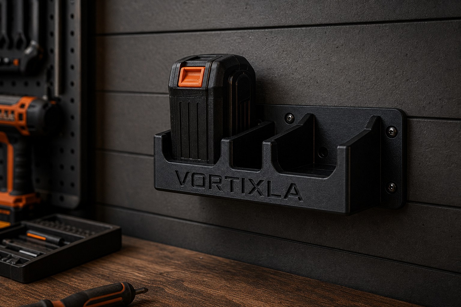 A VORTIXLA battery organizer installed in a customer workspace